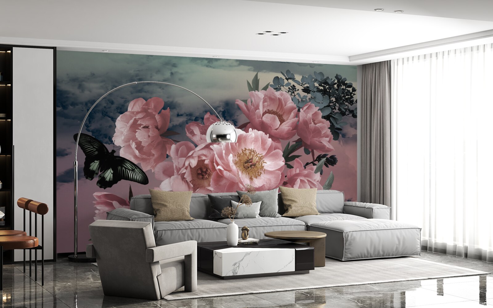 Fotobehang donkere vlinder en roze bloemen