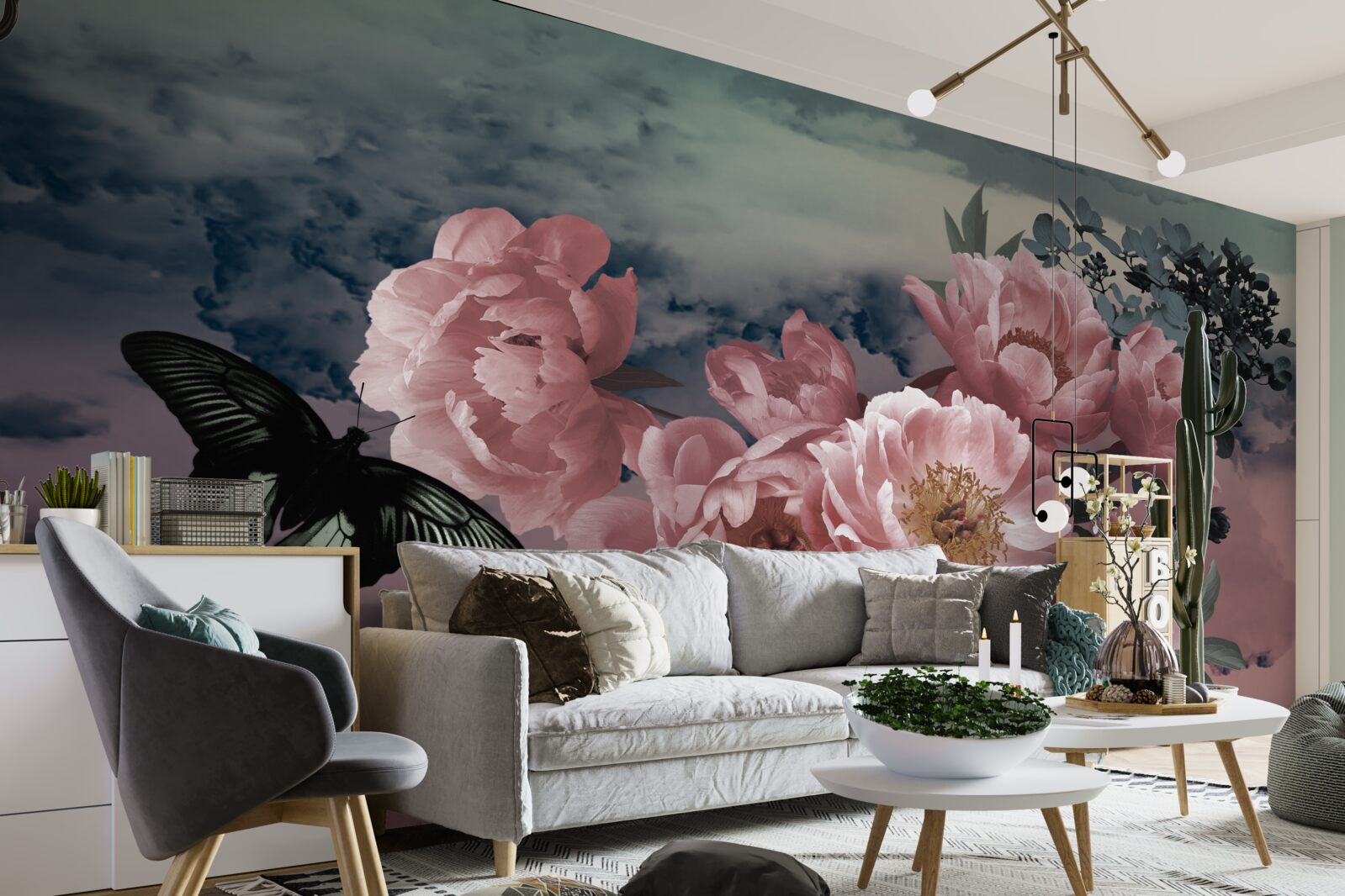 Fotobehang donkere vlinder en roze bloemen