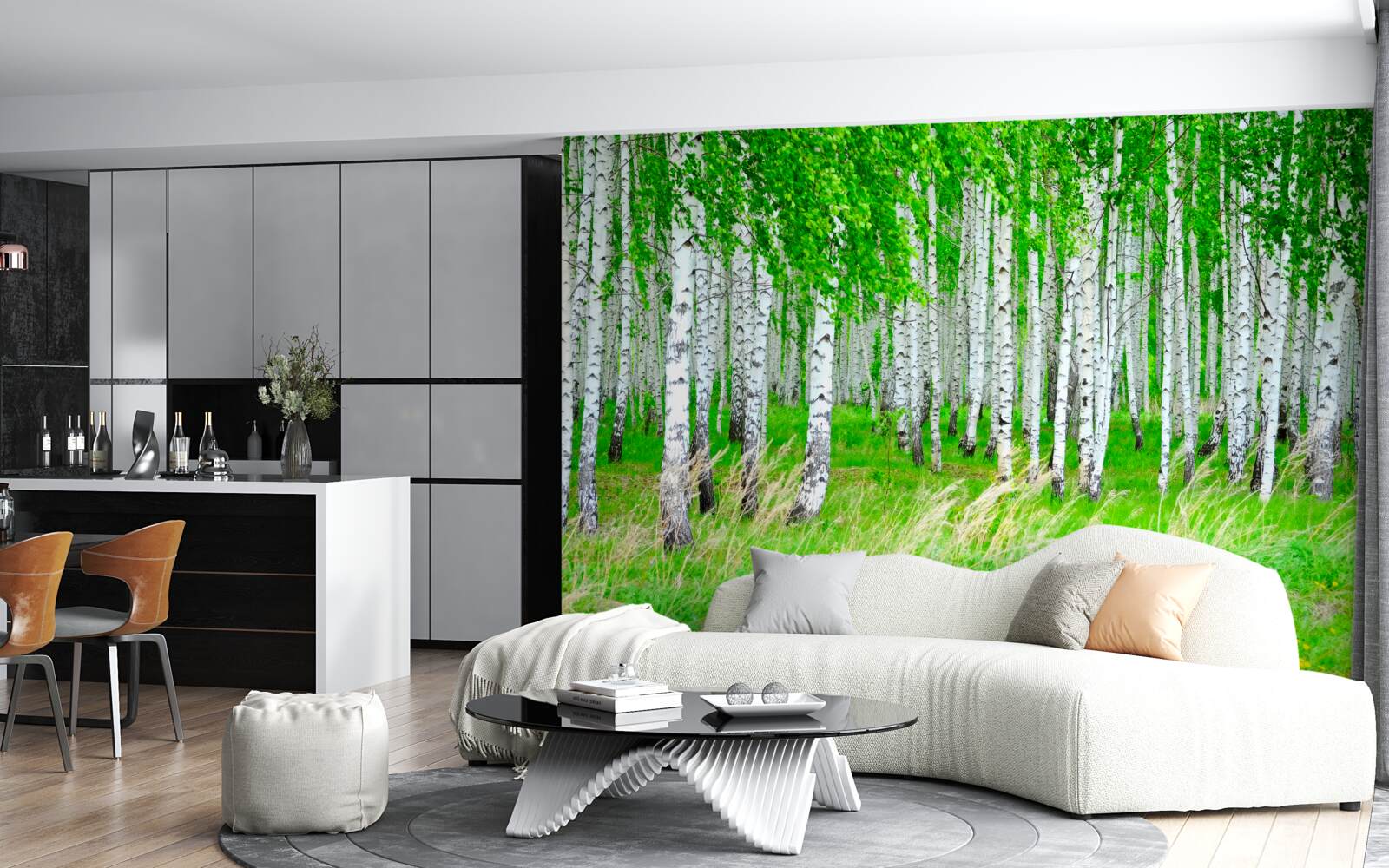 Fotobehang veld met berken op de achtergrond