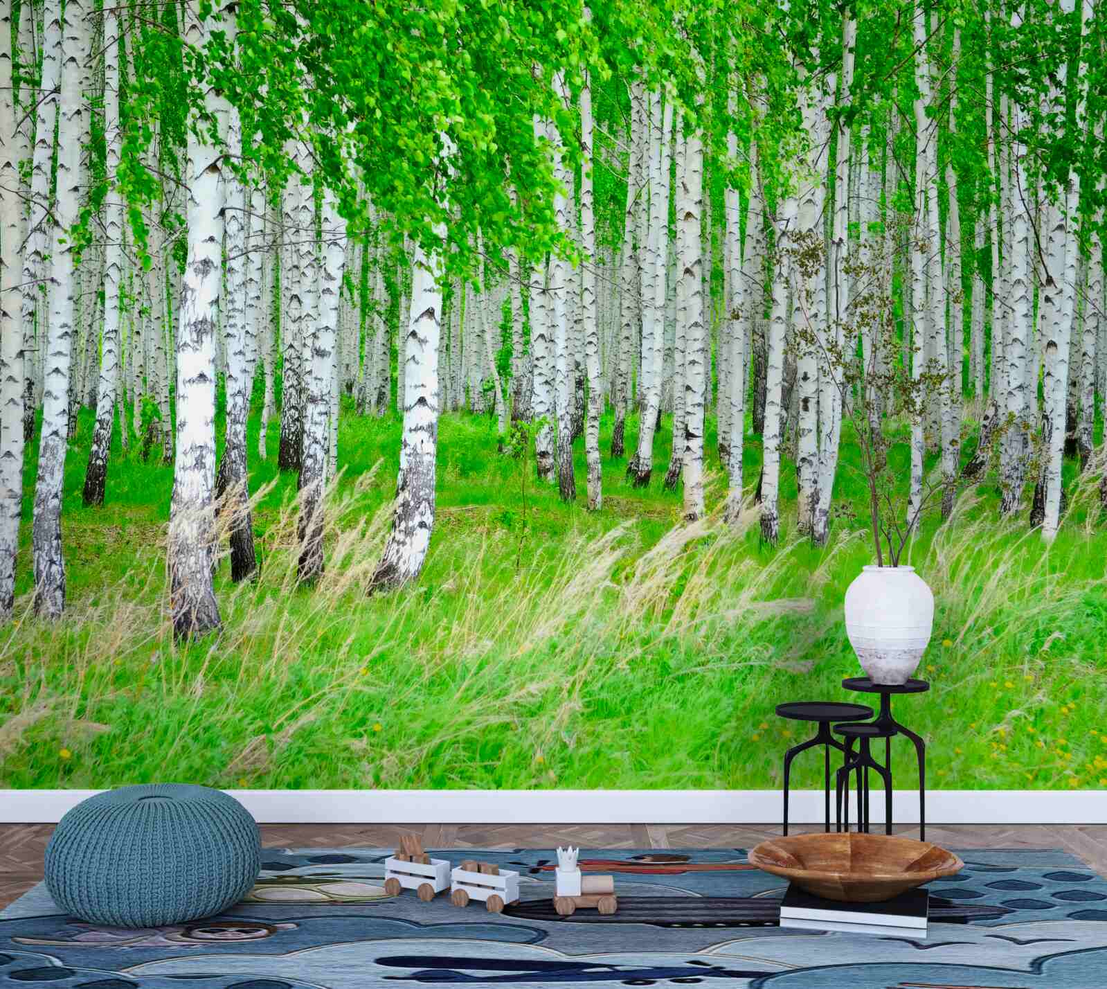 Fotobehang veld met berken op de achtergrond