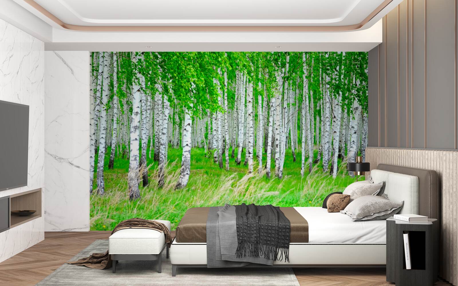 Fotobehang veld met berken op de achtergrond