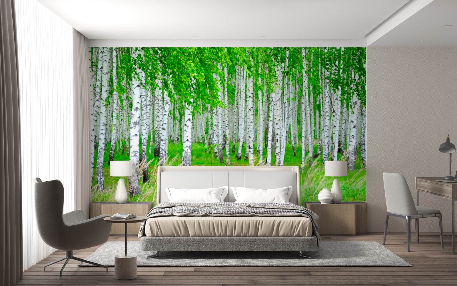 Fotobehang veld met berken op de achtergrond