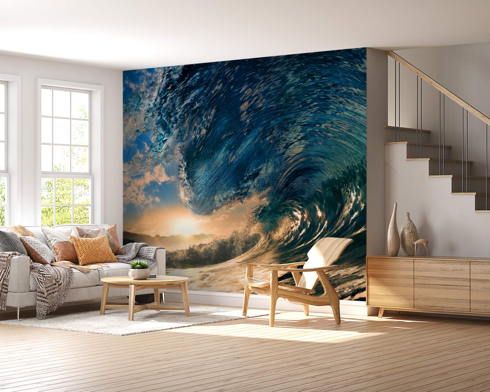 Fotobehang reusachtige golf tegen de achtergrond van de ondergaande zon