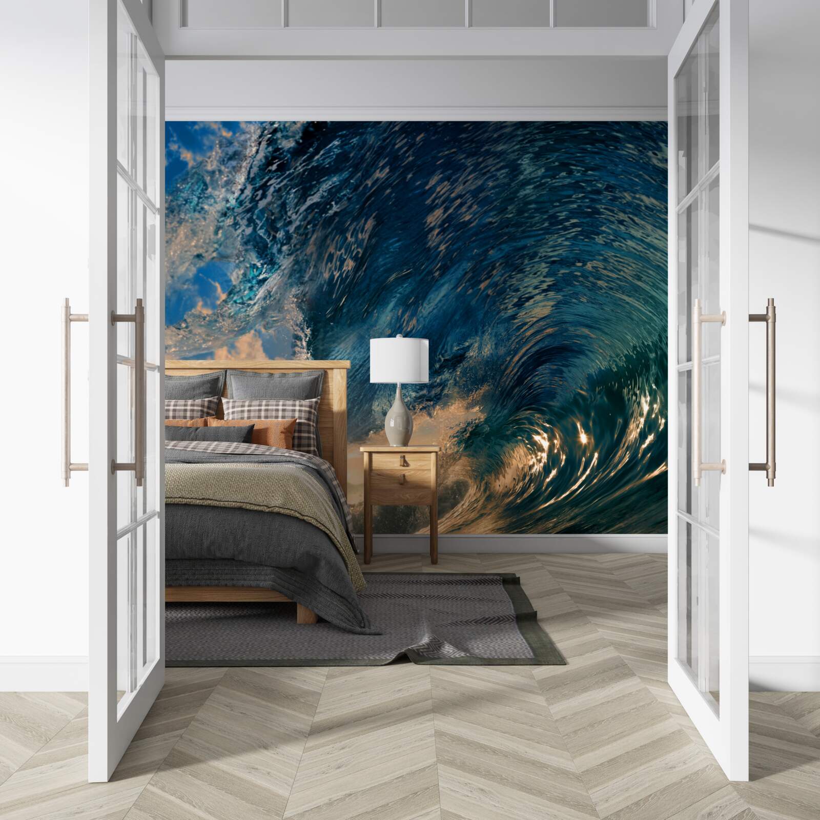 Fotobehang reusachtige golf tegen de achtergrond van de ondergaande zon