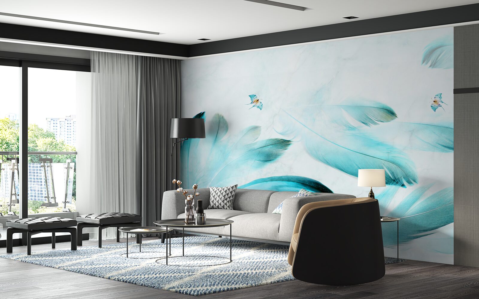 Fotobehang lichtblauwe veren