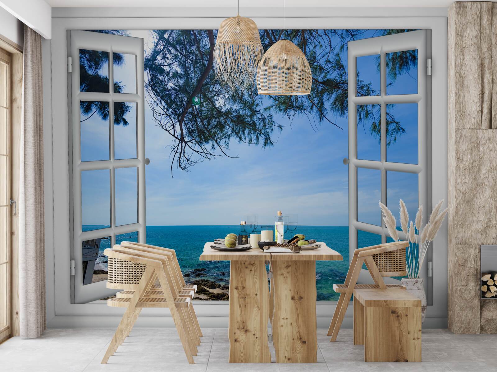 Fotobehang een raam met uitzicht op de blauwe zee