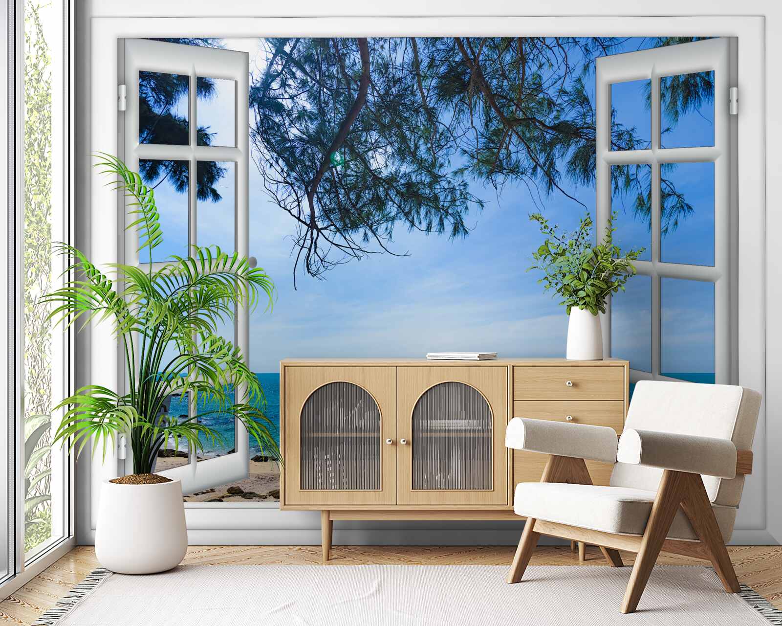 Fotobehang een raam met uitzicht op de blauwe zee