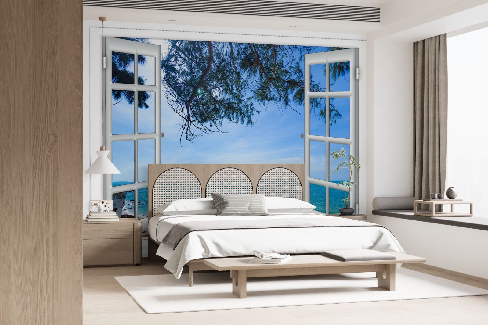 Fotobehang een raam met uitzicht op de blauwe zee