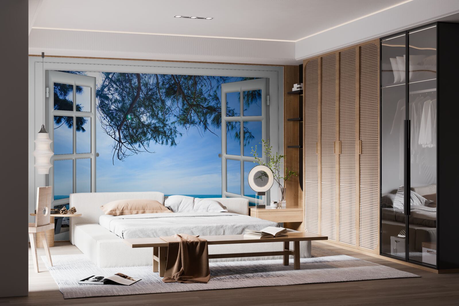 Fotobehang een raam met uitzicht op de blauwe zee