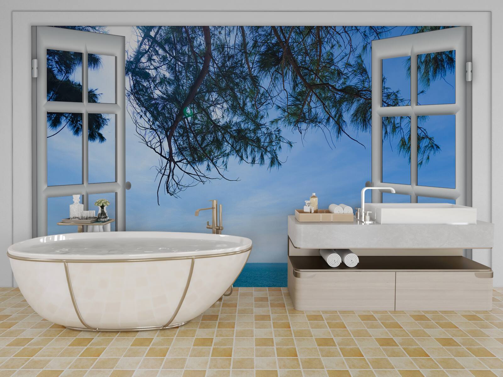 Fotobehang een raam met uitzicht op de blauwe zee