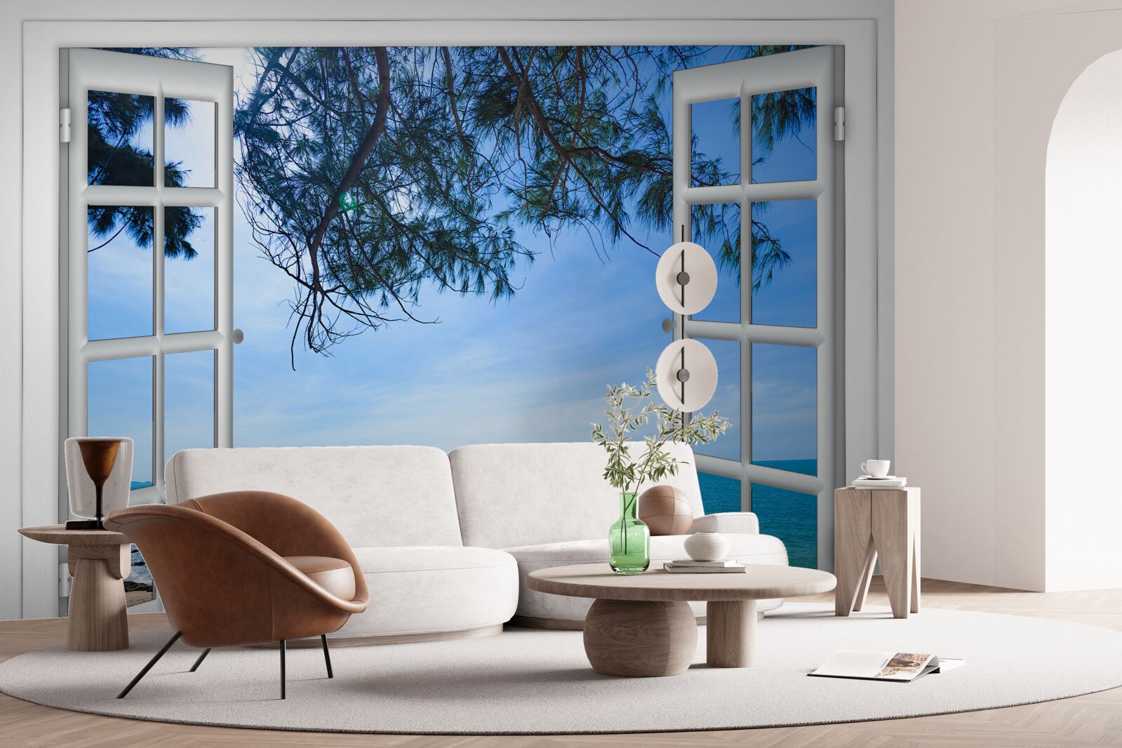 Fotobehang een raam met uitzicht op de blauwe zee