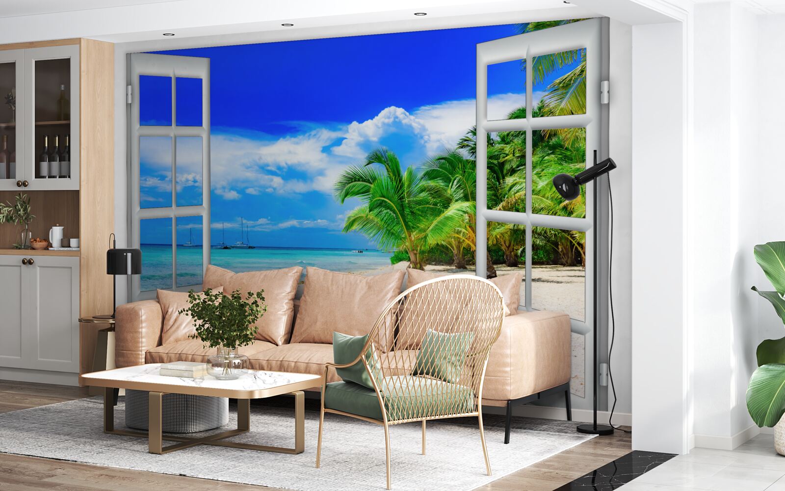 Fotobehang raam met uitzicht op zandstrand