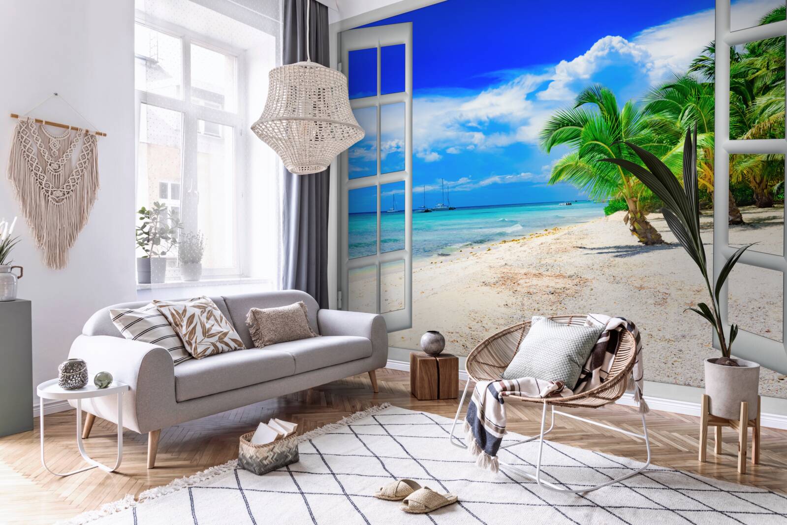 Fotobehang raam met uitzicht op zandstrand