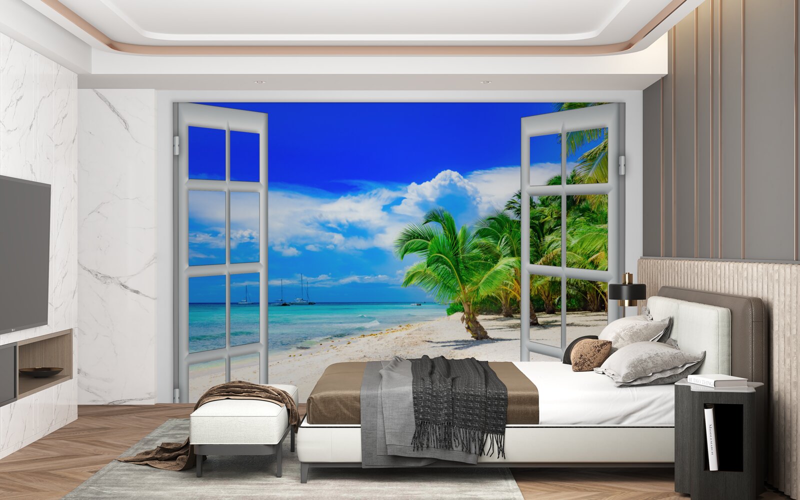 Fotobehang raam met uitzicht op zandstrand