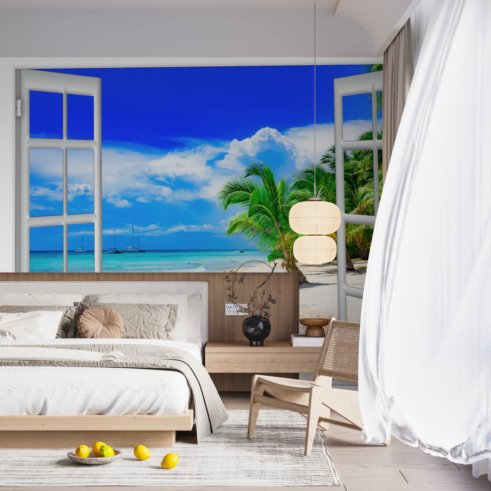 Fotobehang raam met uitzicht op zandstrand