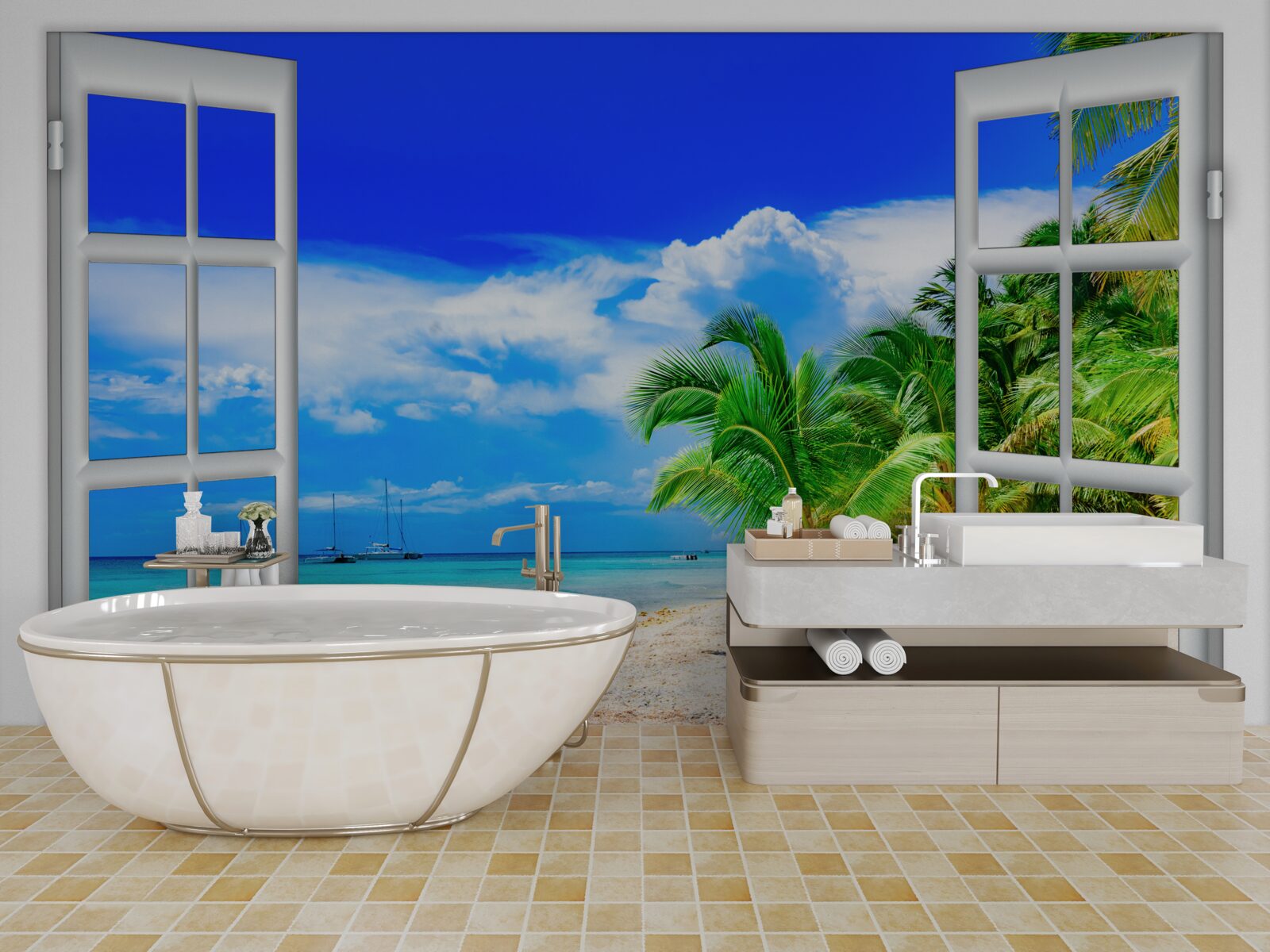 Fotobehang raam met uitzicht op zandstrand