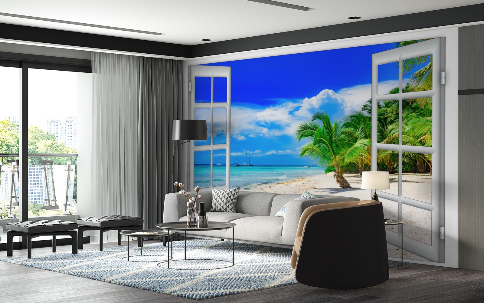 Fotobehang raam met uitzicht op zandstrand