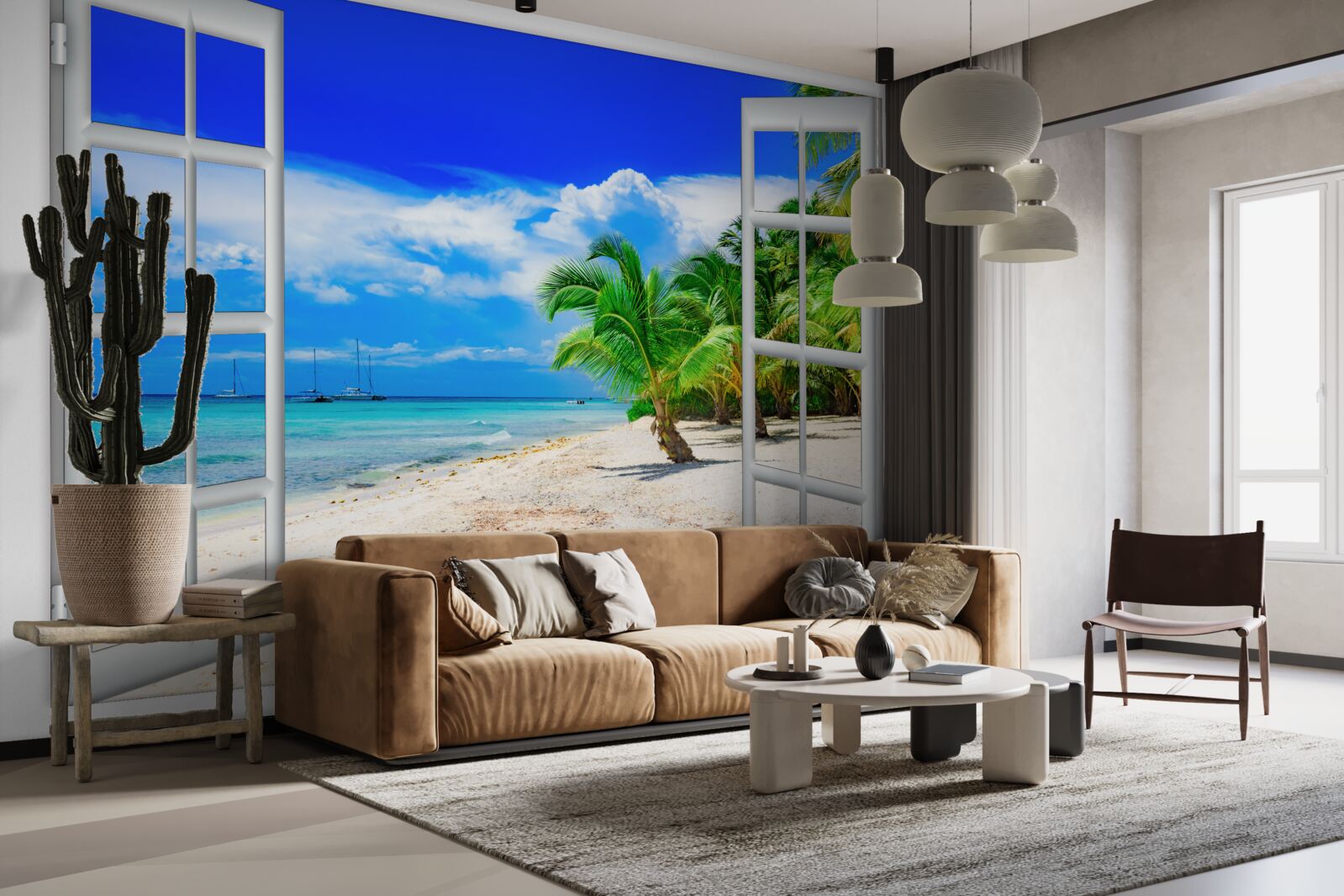 Fotobehang raam met uitzicht op zandstrand