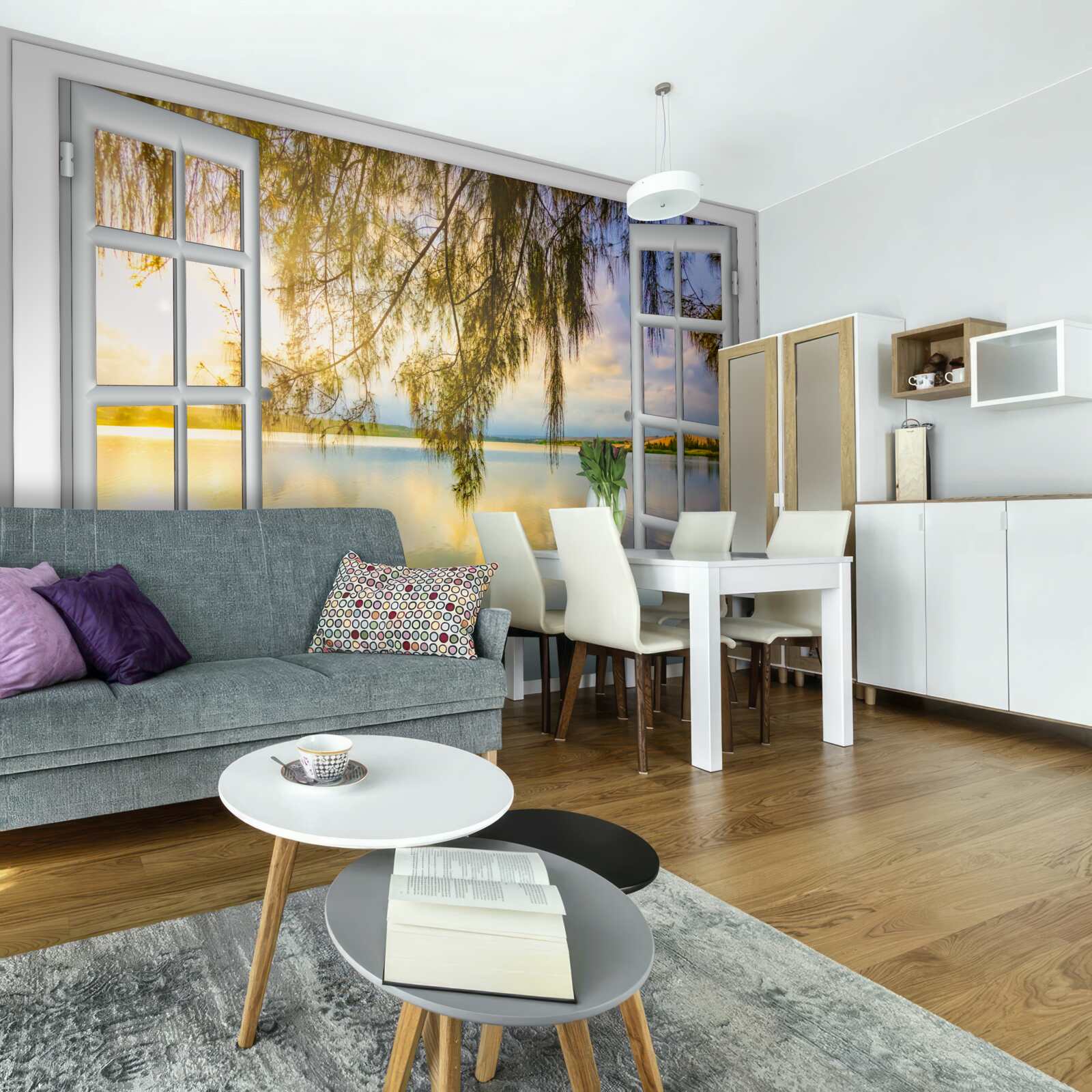 Fotobehang uitzicht op water vanuit een raam