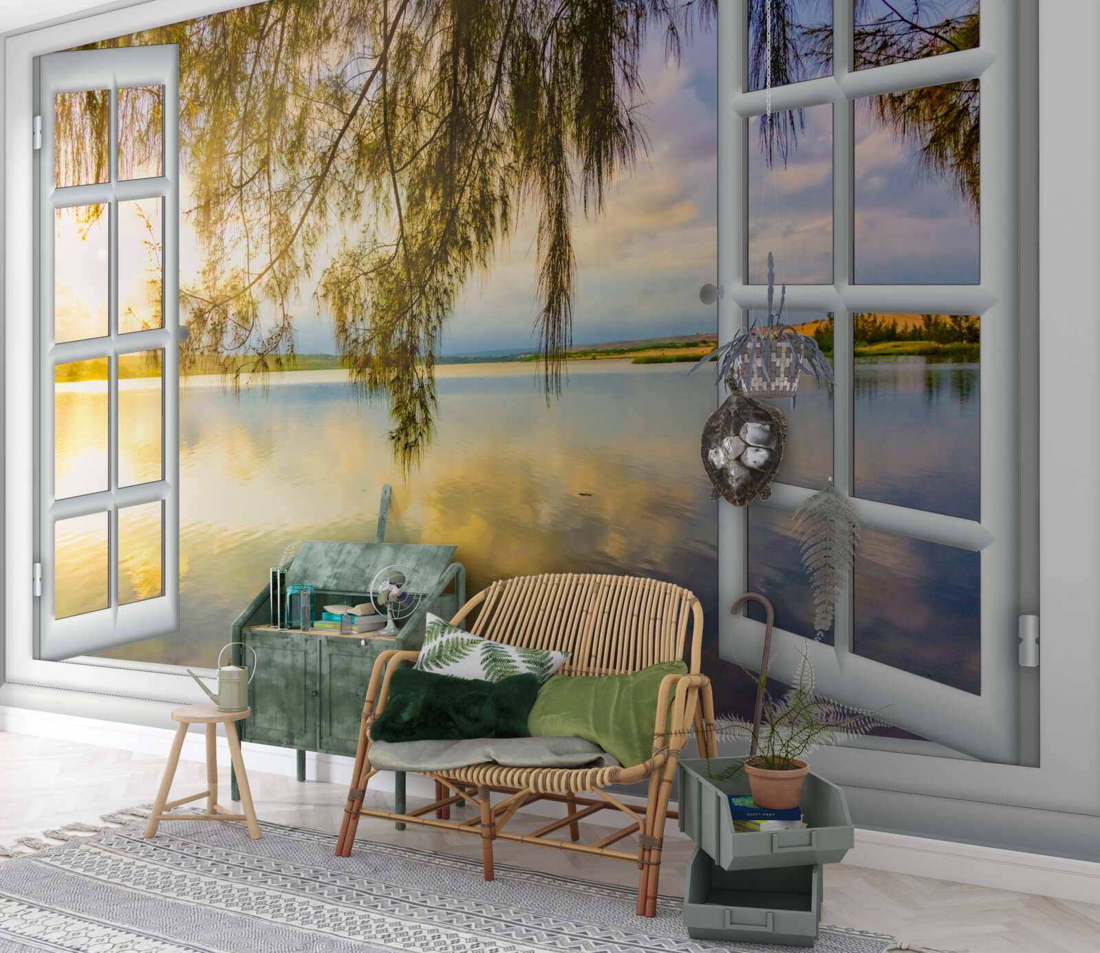 Fotobehang uitzicht op water vanuit een raam