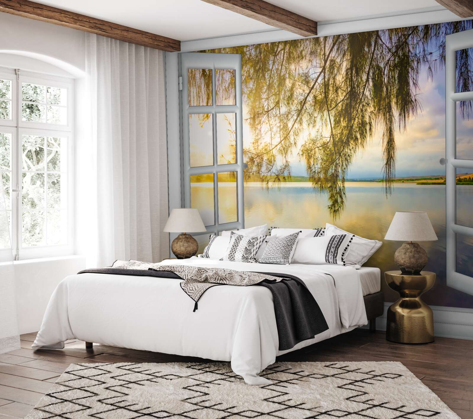 Fotobehang uitzicht op water vanuit een raam