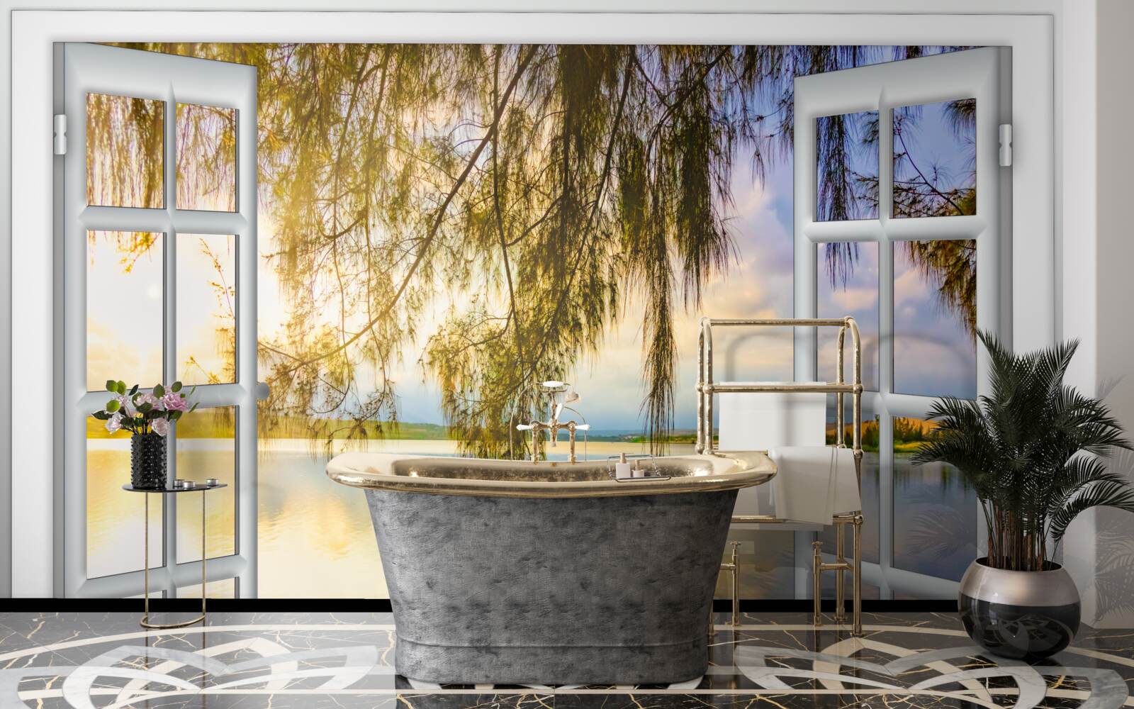 Fotobehang uitzicht op water vanuit een raam