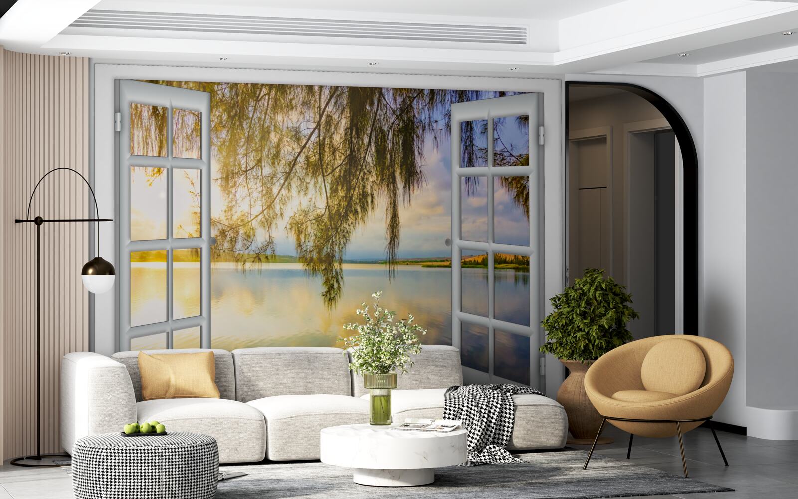 Fotobehang uitzicht op water vanuit een raam