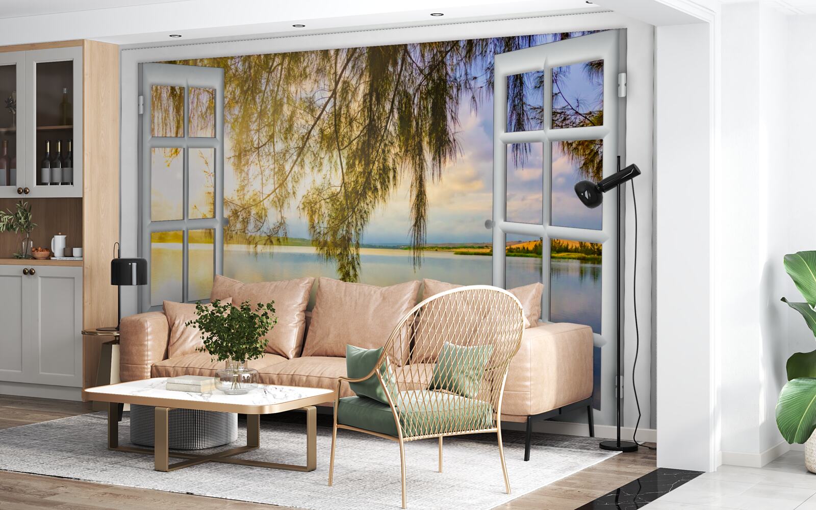 Fotobehang uitzicht op water vanuit een raam