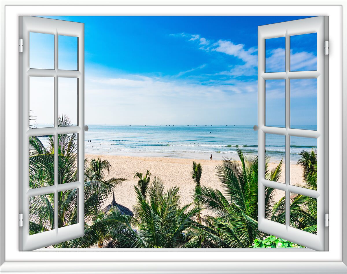 Fotobehang open ramen met prachtig uitzicht