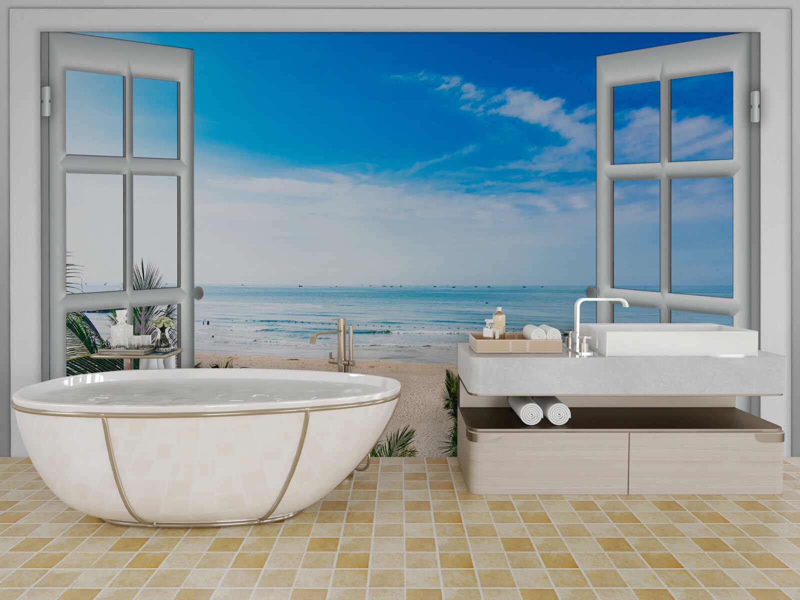 Fotobehang open ramen met prachtig uitzicht