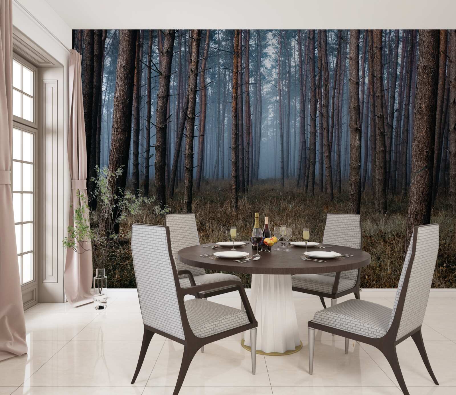 Fotobehang donker dennenbos