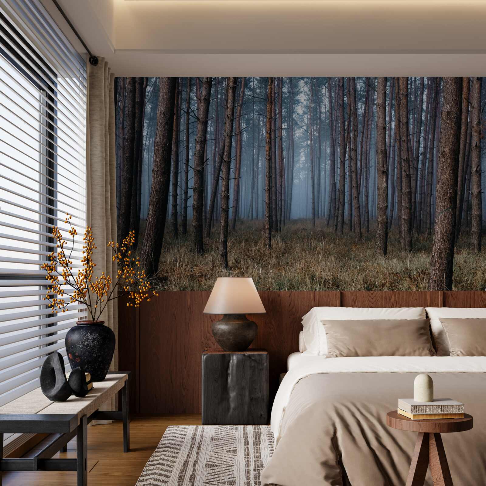 Fotobehang donker dennenbos