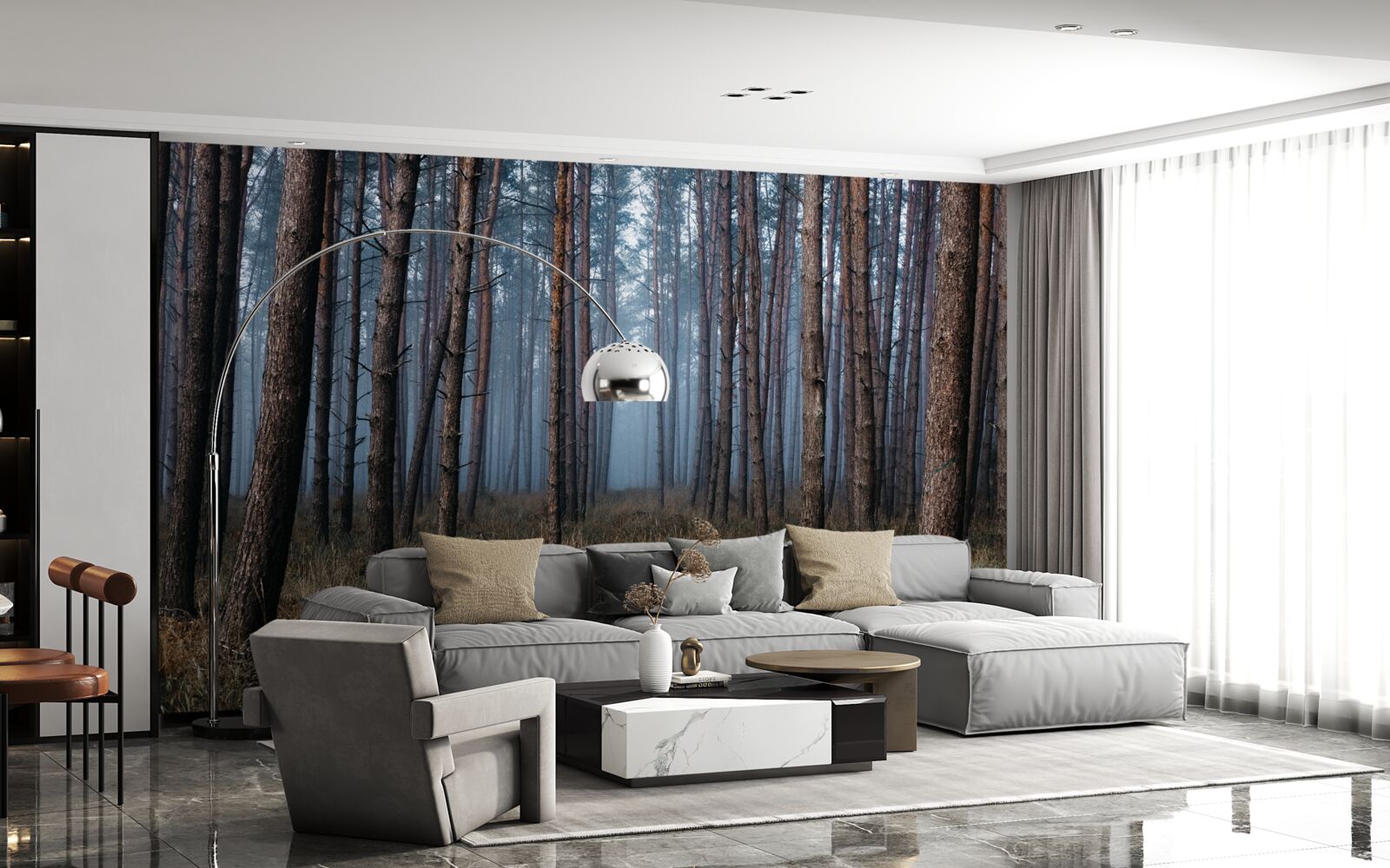 Fotobehang donker dennenbos