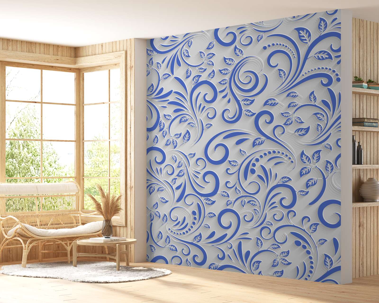 Fotobehang witte achtergrond met blauwe wervelingen