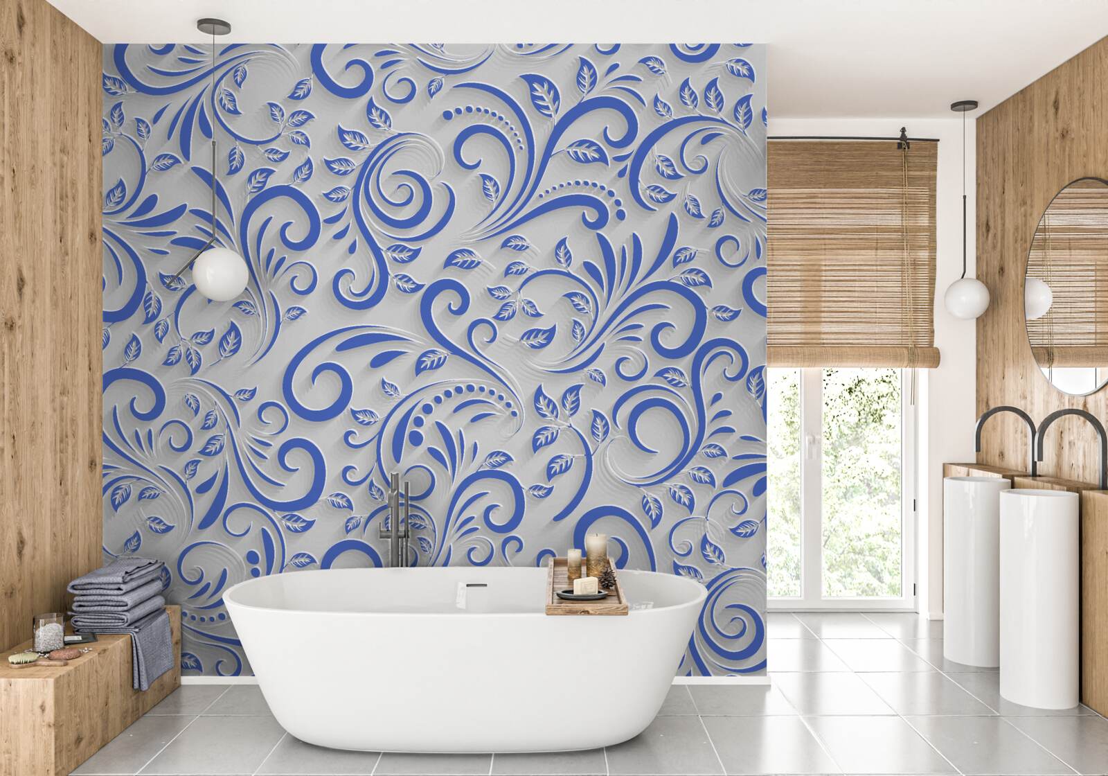 Fotobehang witte achtergrond met blauwe wervelingen