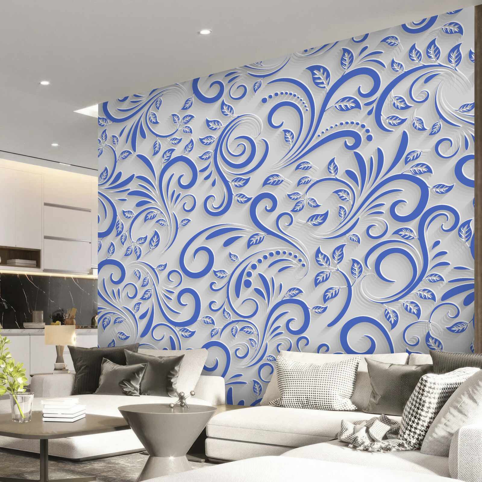 Fotobehang witte achtergrond met blauwe wervelingen