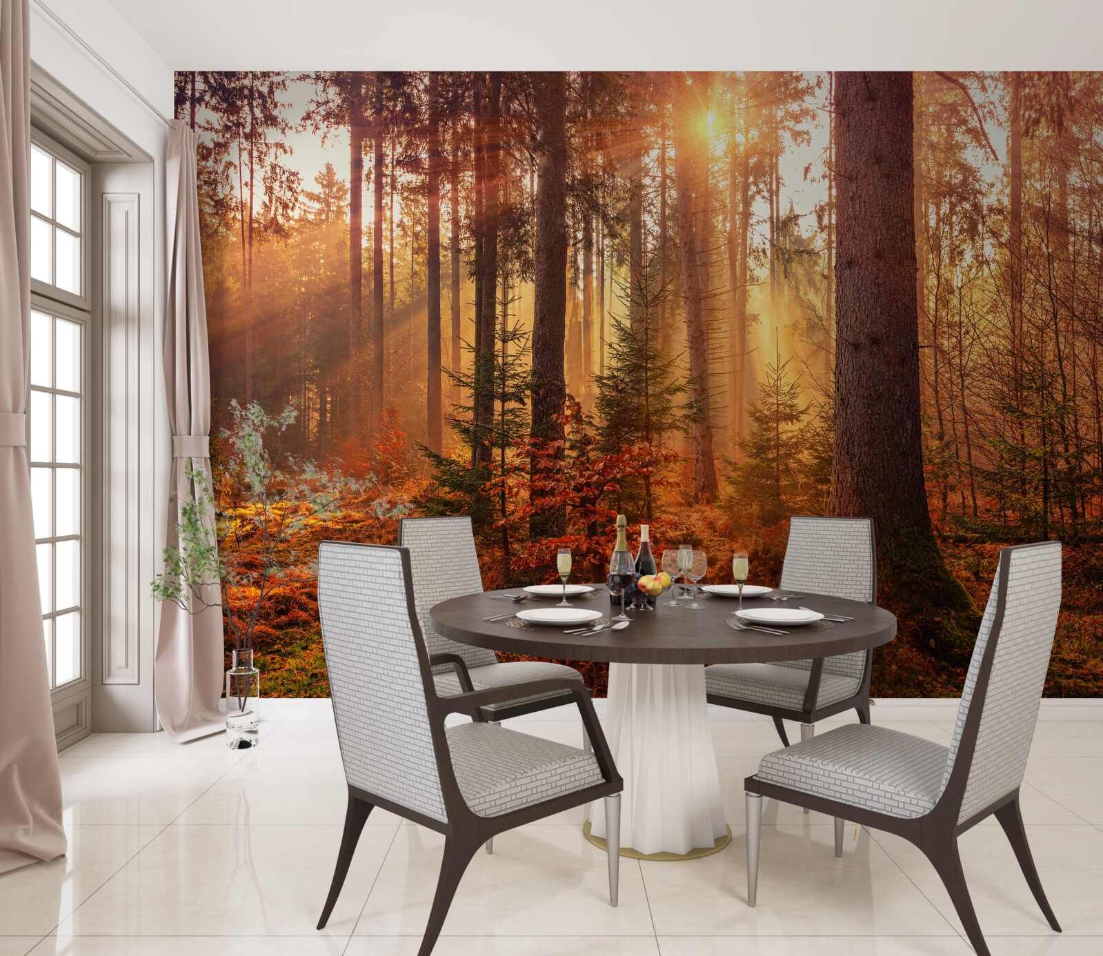 Fotobehang bos in herfst verlicht door zonnestralen