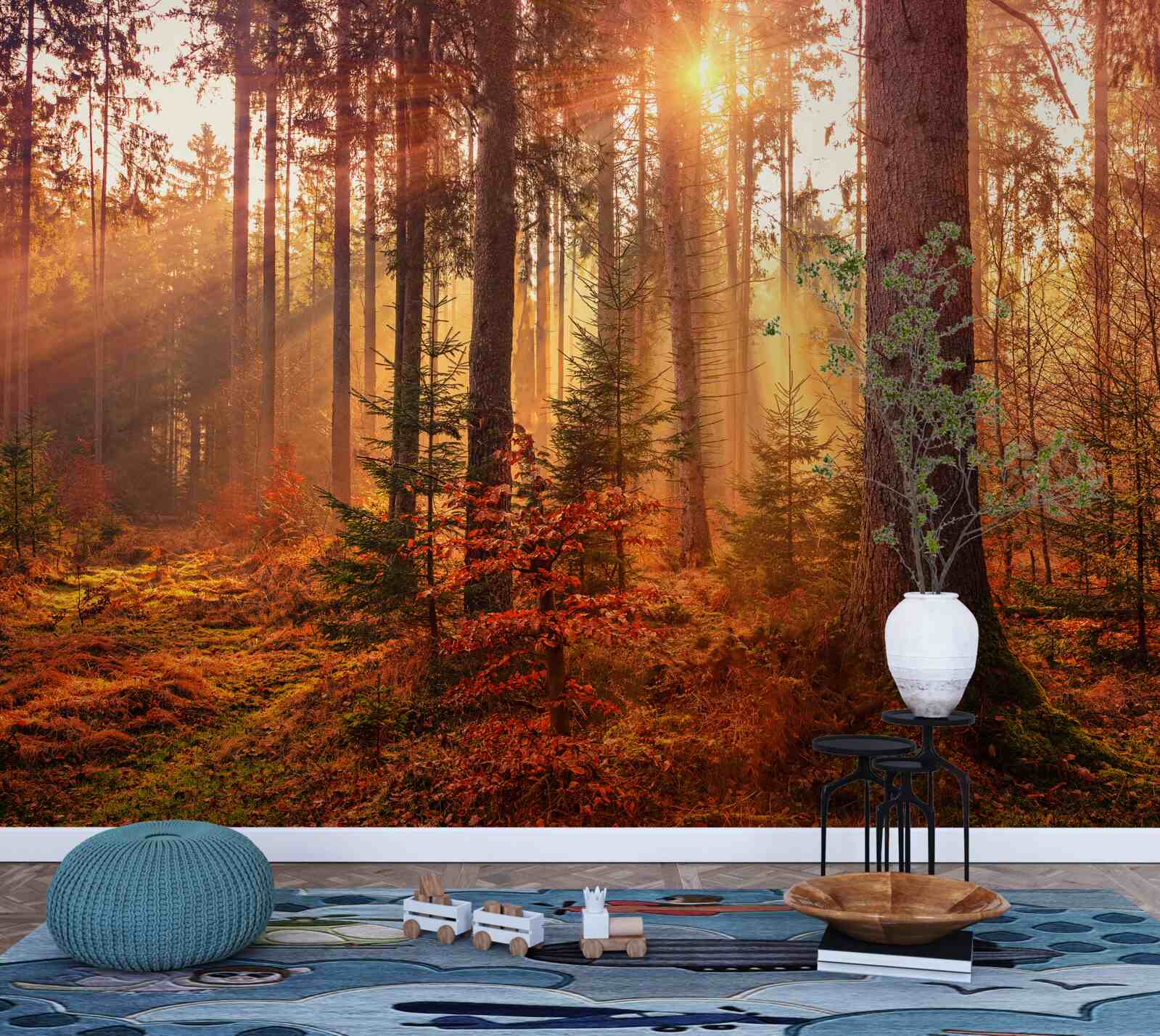 Fotobehang bos in herfst verlicht door zonnestralen