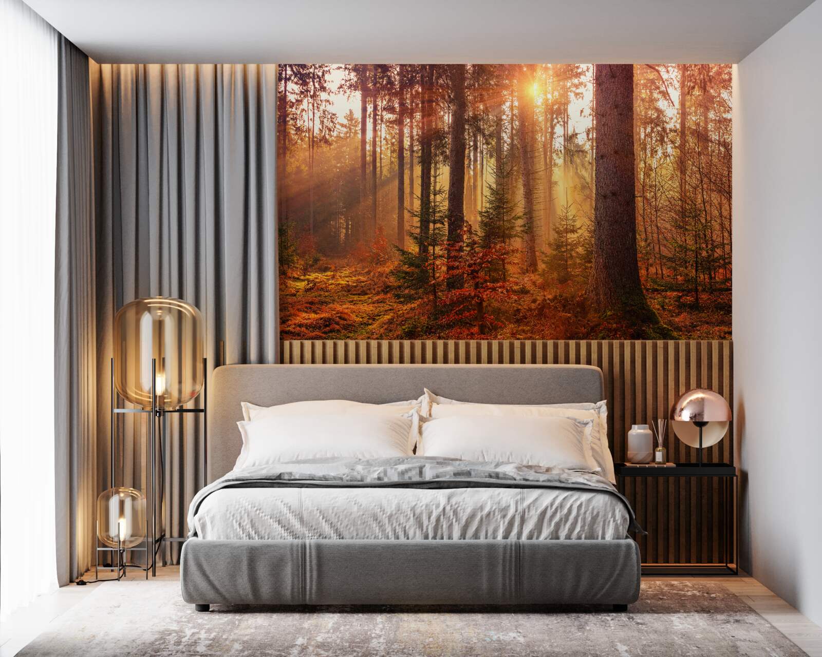 Fotobehang bos in herfst verlicht door zonnestralen