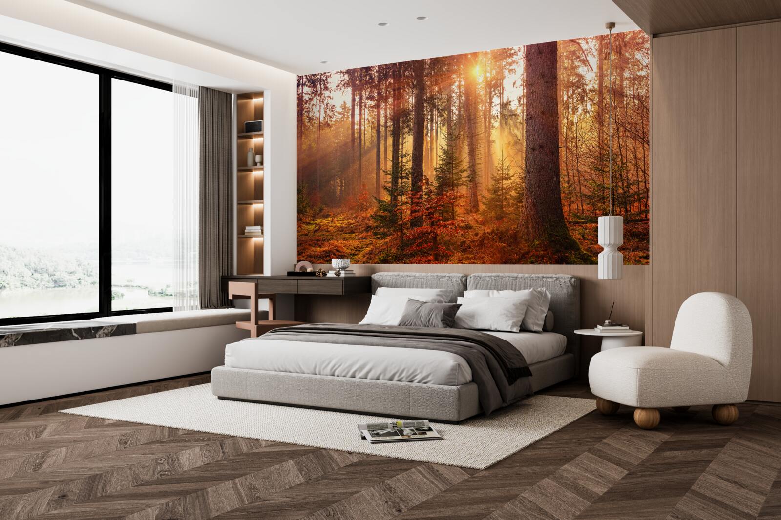 Fotobehang bos in herfst verlicht door zonnestralen