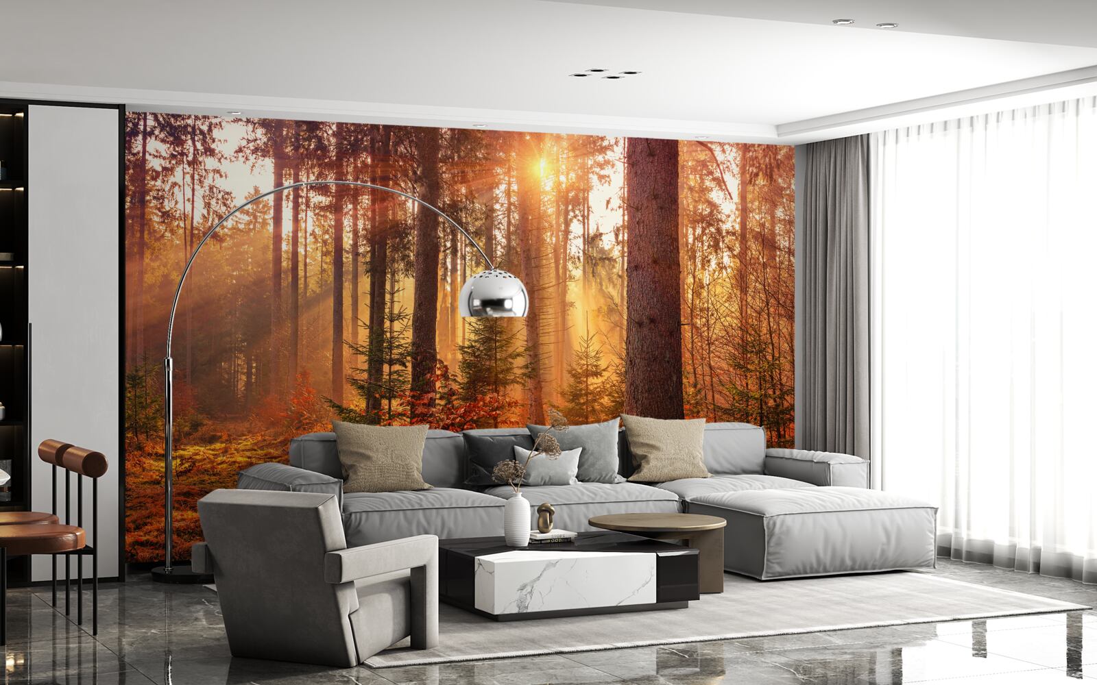 Fotobehang bos in herfst verlicht door zonnestralen