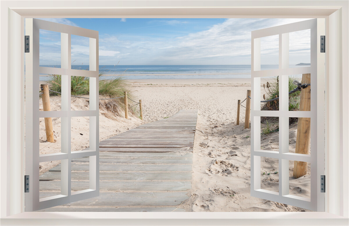 Fotobehang open raam met uitzicht op strand en oceaan