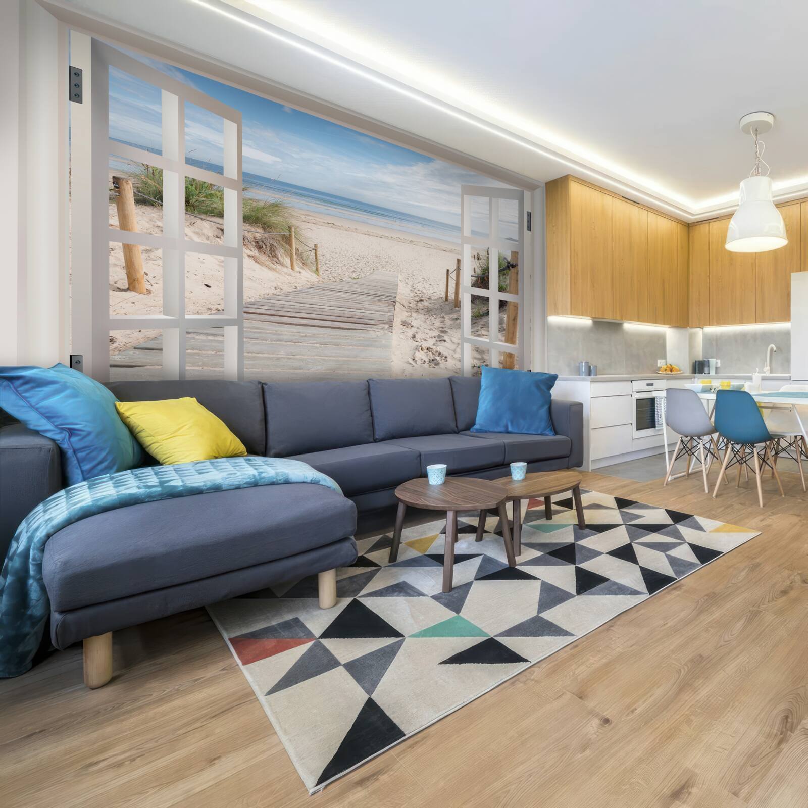 Fotobehang open raam met uitzicht op strand en oceaan