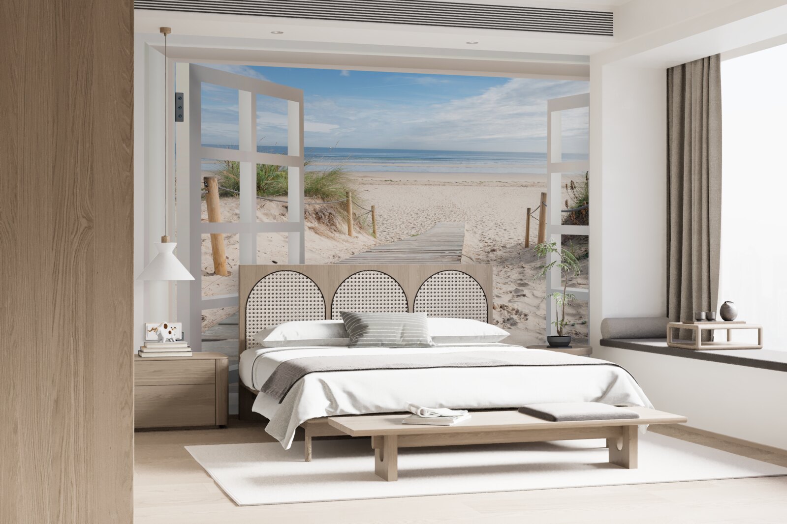 Fotobehang open raam met uitzicht op strand en oceaan