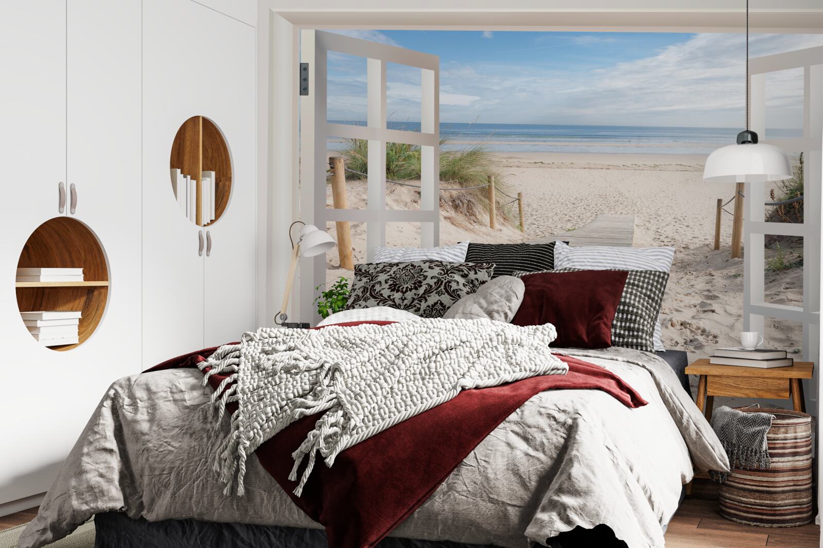 Fotobehang open raam met uitzicht op strand en oceaan