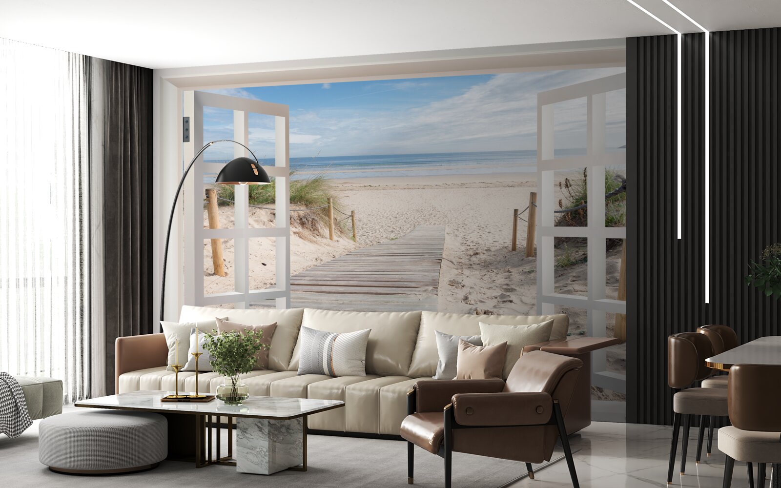 Fotobehang open raam met uitzicht op strand en oceaan