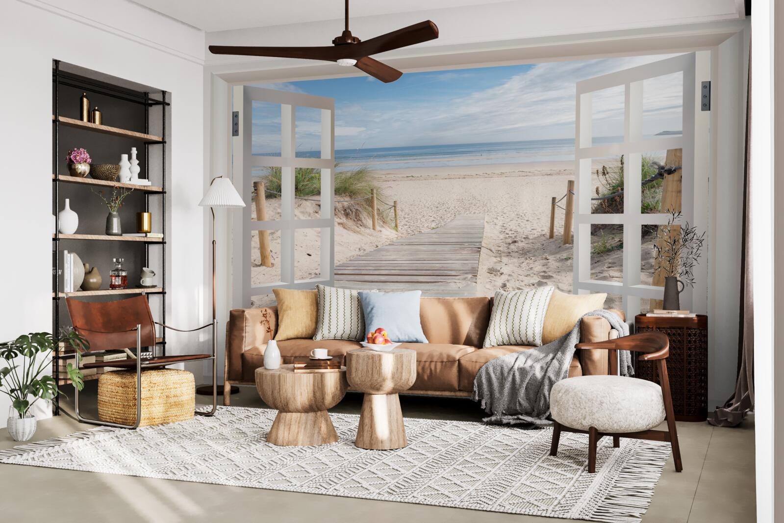 Fotobehang open raam met uitzicht op strand en oceaan