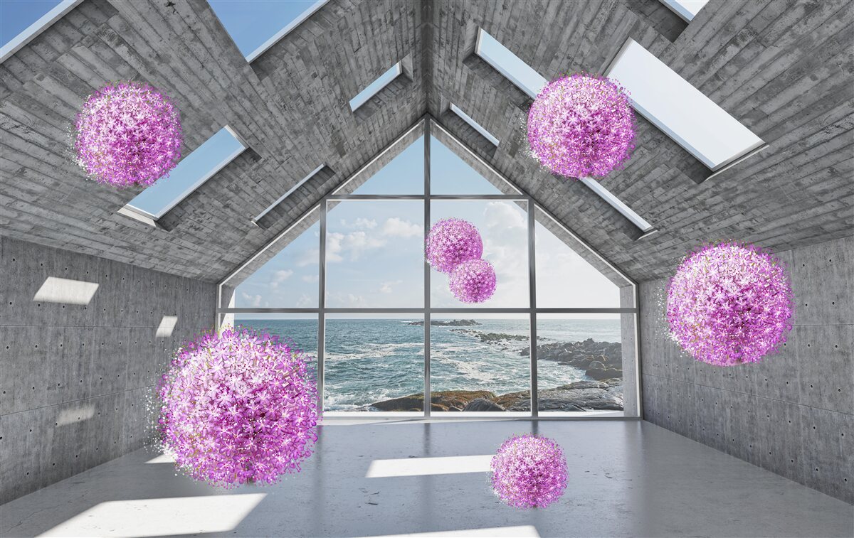 Fotobehang paarse ballen en een schilderachtig landschap buiten het raam