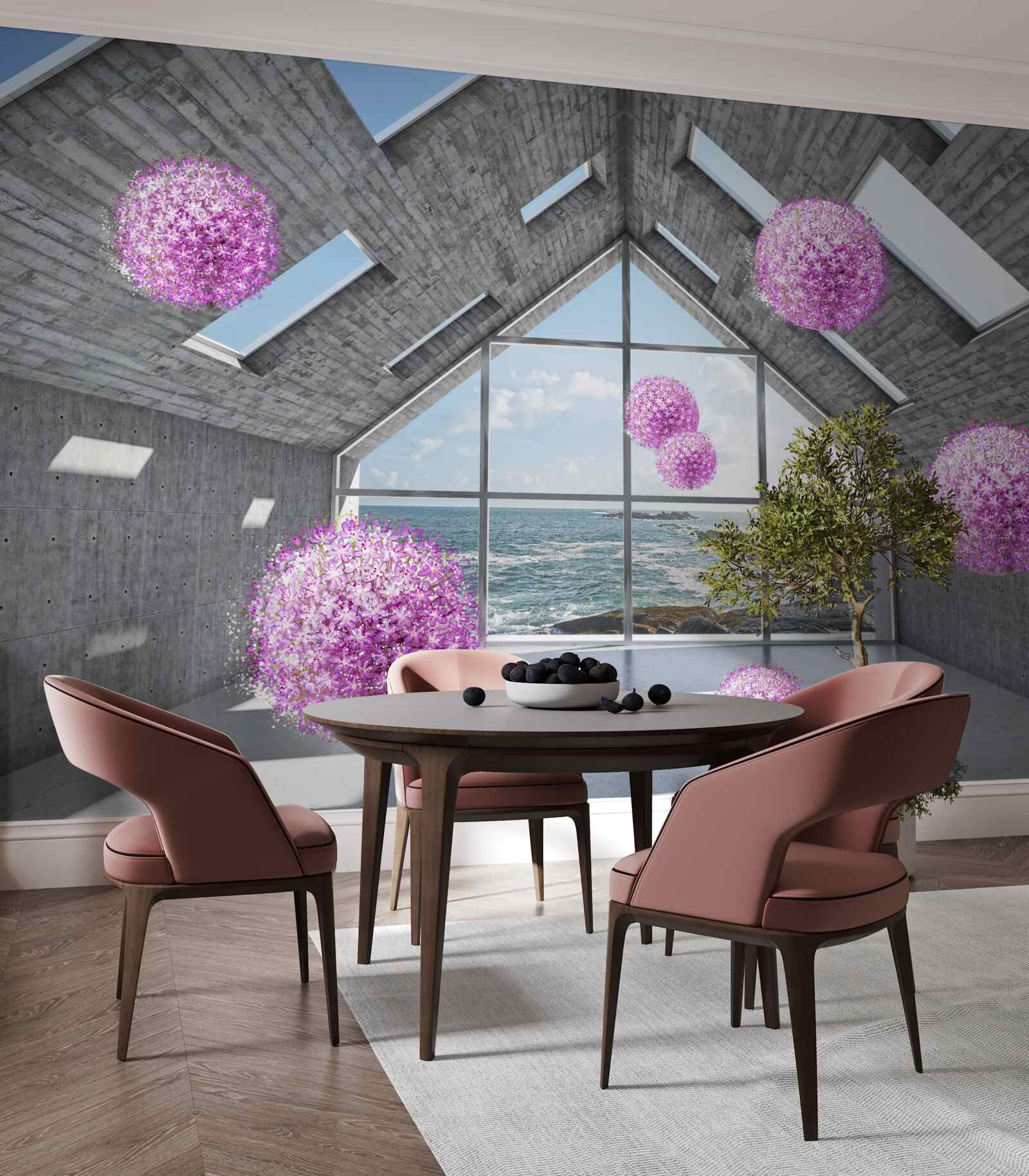 Fotobehang paarse ballen en een schilderachtig landschap buiten het raam