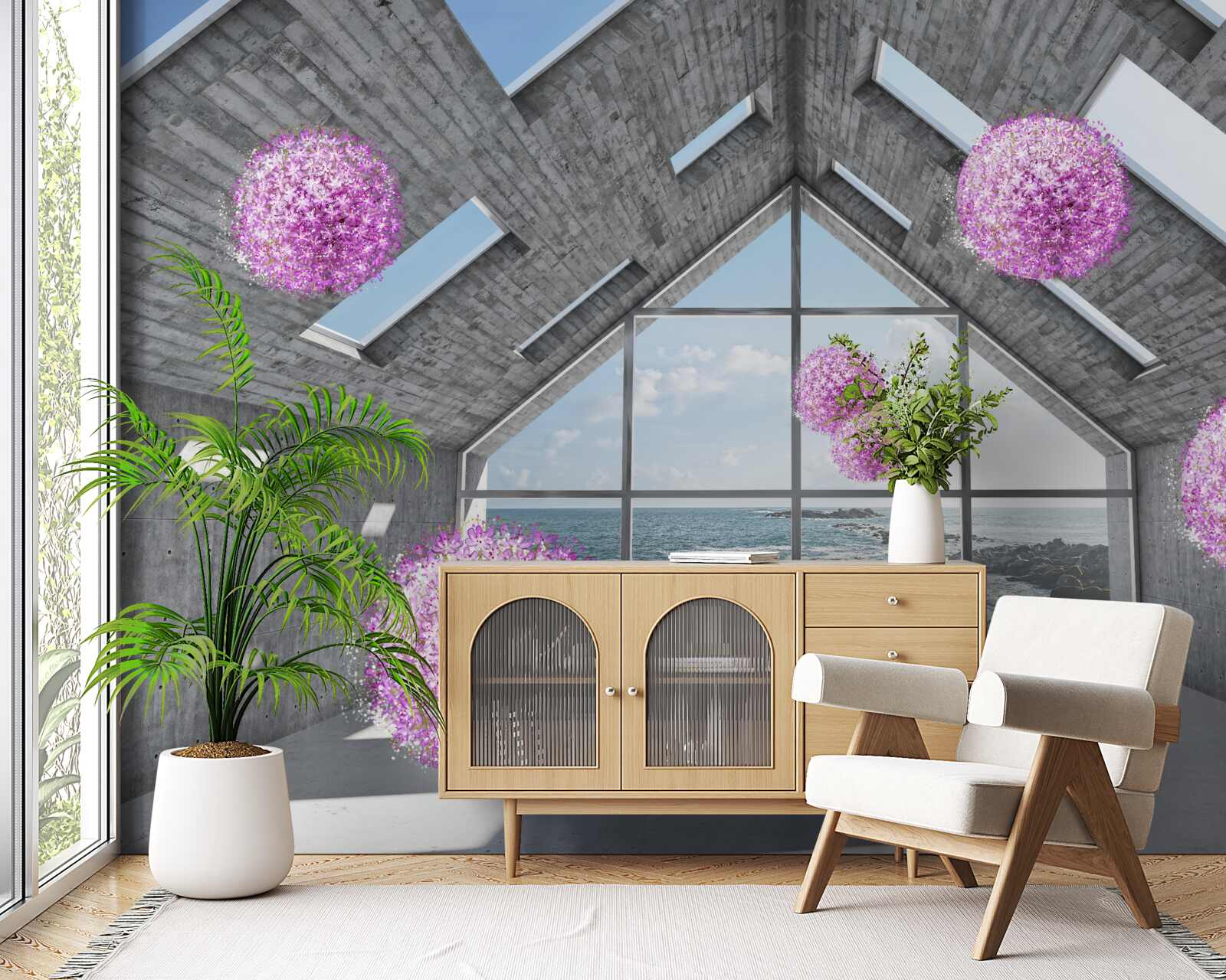 Fotobehang paarse ballen en een schilderachtig landschap buiten het raam